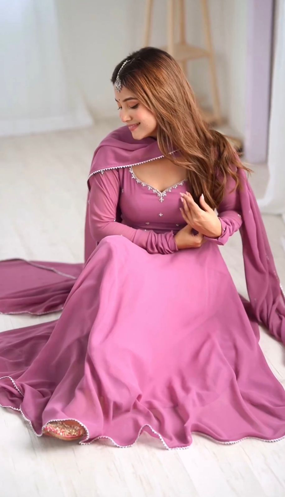 New Designer Faux Georgette Embroidered Gown with Pant & Dupatta Set