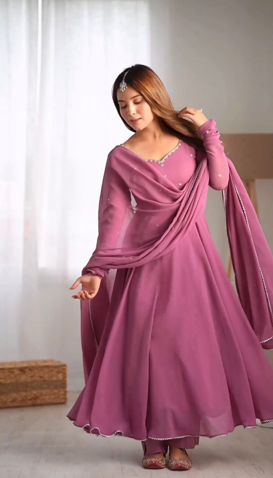 New Designer Faux Georgette Embroidered Gown with Pant & Dupatta Set