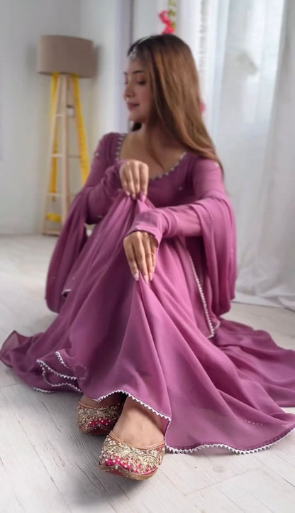 New Designer Faux Georgette Embroidered Gown with Pant & Dupatta Set