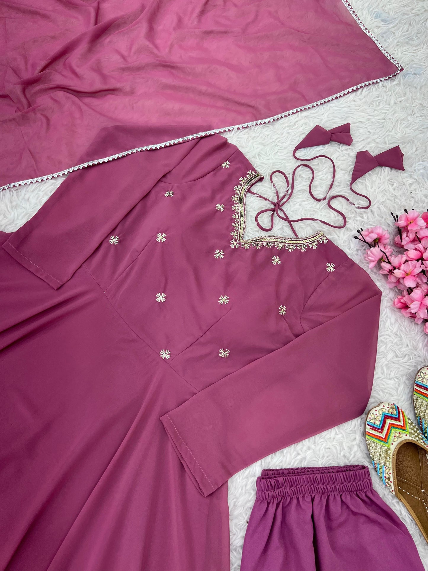 New Designer Faux Georgette Embroidered Gown with Pant & Dupatta Set