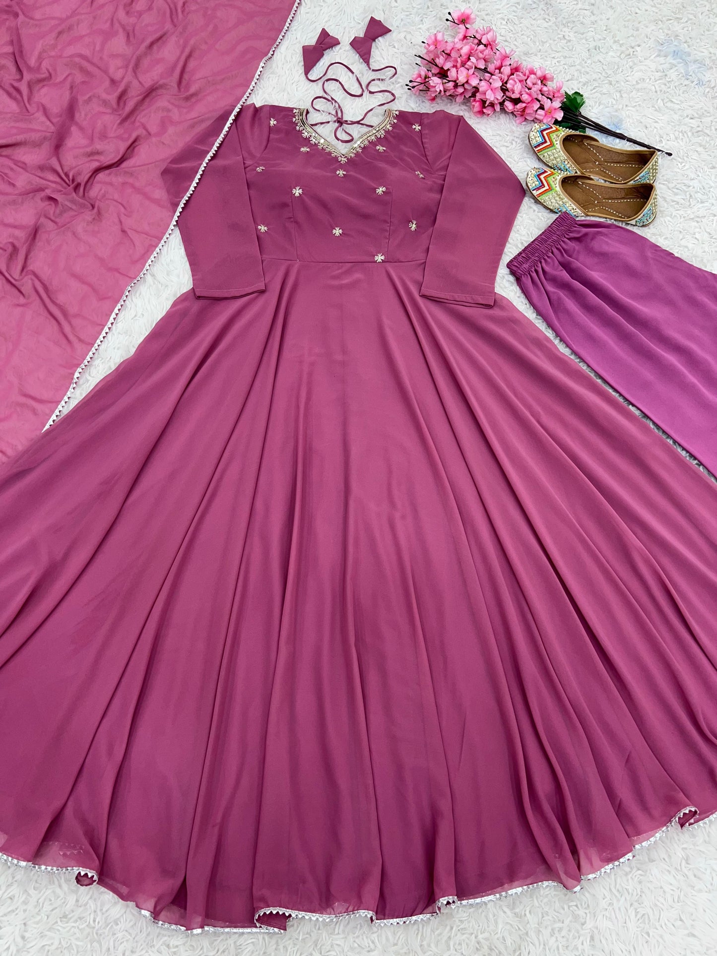 New Designer Faux Georgette Embroidered Gown with Pant & Dupatta Set