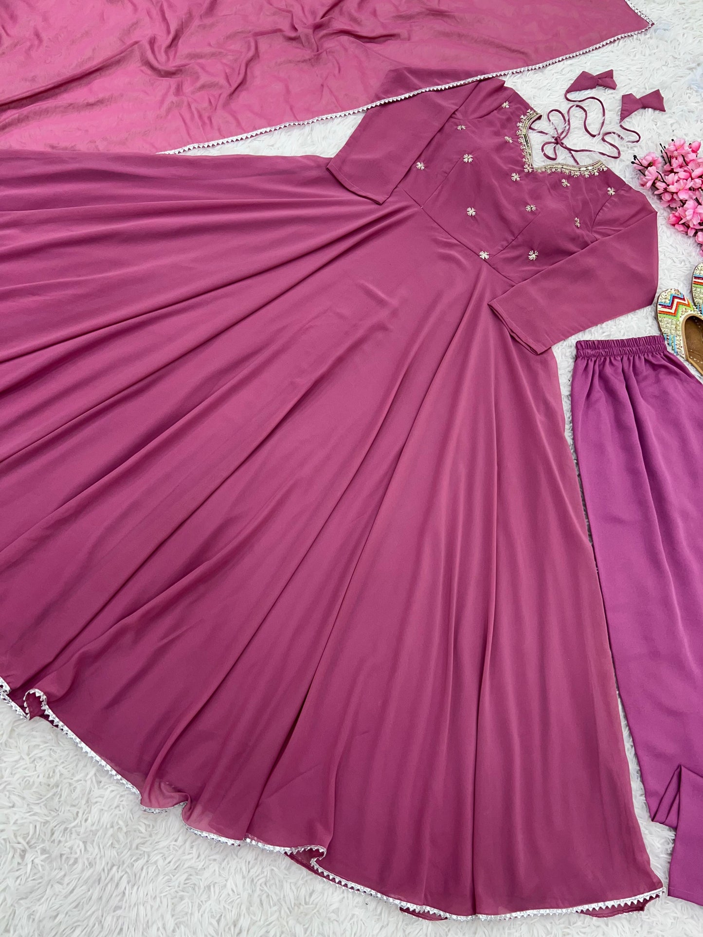 New Designer Faux Georgette Embroidered Gown with Pant & Dupatta Set