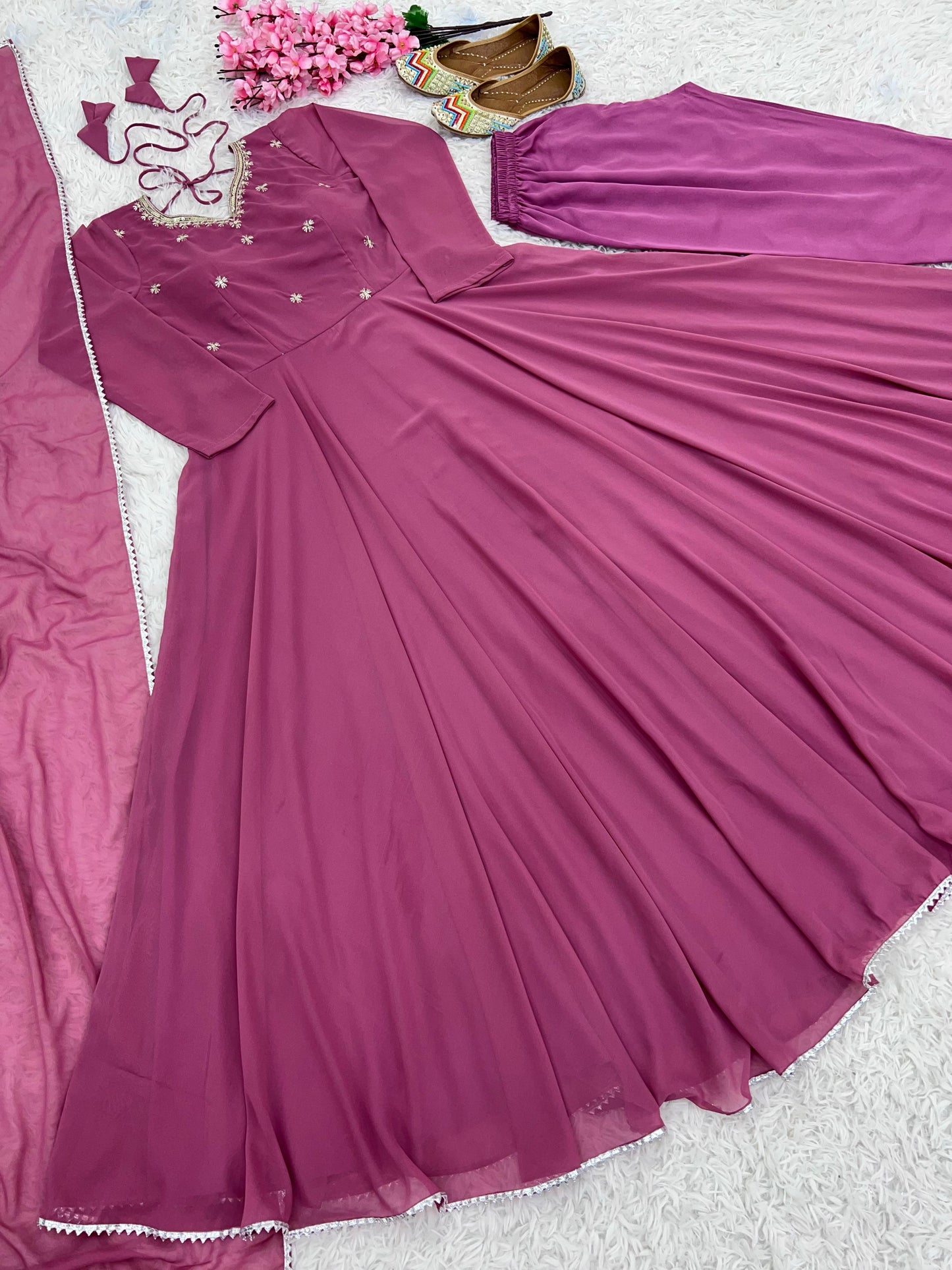 New Designer Faux Georgette Embroidered Gown with Pant & Dupatta Set