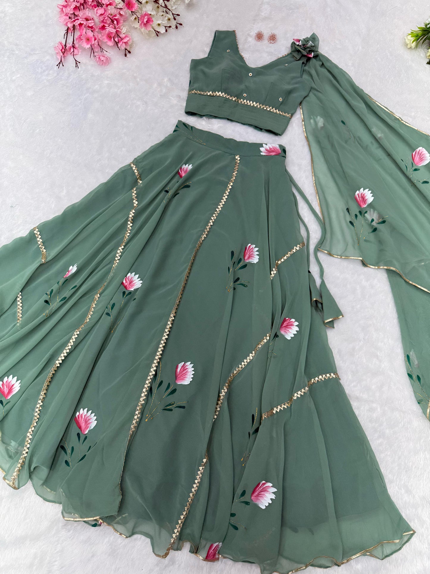 Handpainted Georgette Lehenga Set with Draped Dupatta Blouse — Elegant & Modern