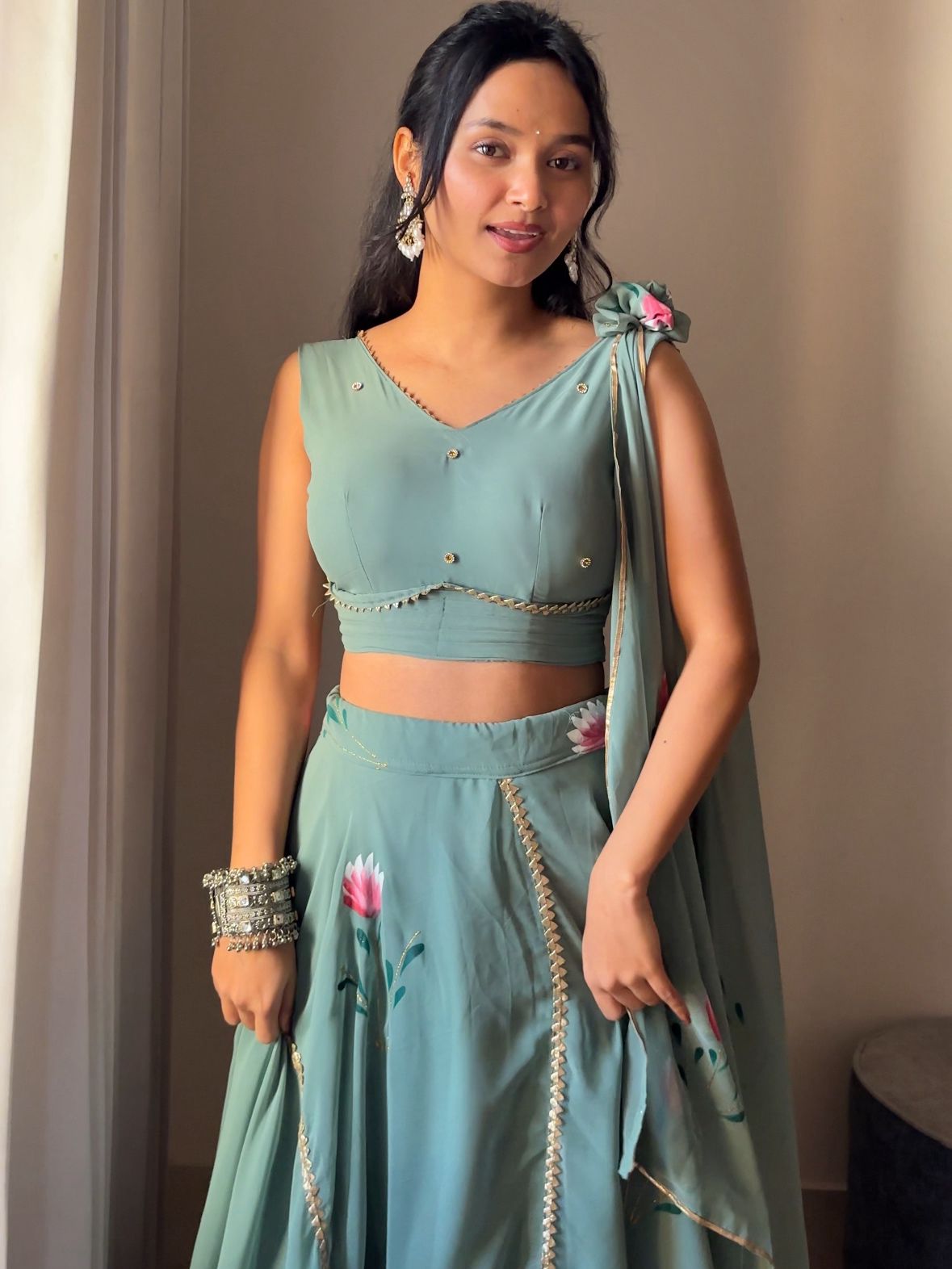 Handpainted Georgette Lehenga Set with Draped Dupatta Blouse — Elegant & Modern