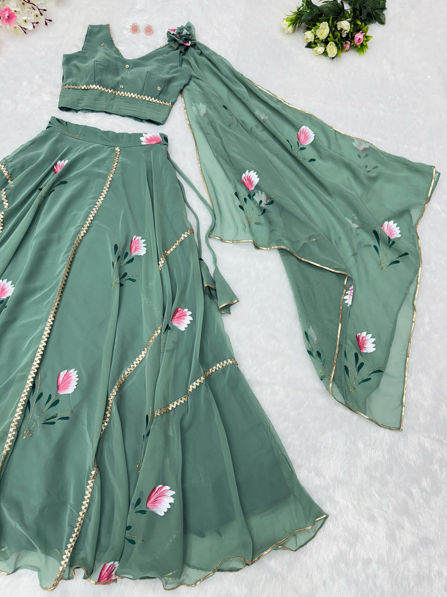 Handpainted Georgette Lehenga Set with Draped Dupatta Blouse — Elegant & Modern