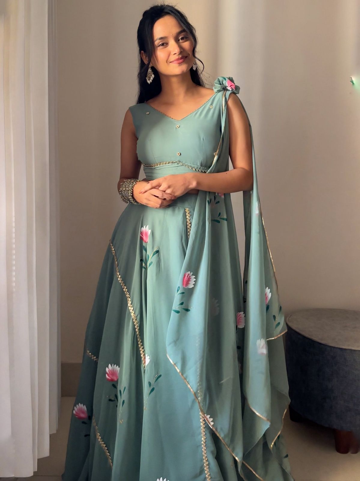 Handpainted Georgette Lehenga Set with Draped Dupatta Blouse — Elegant & Modern