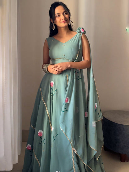 Handpainted Georgette Lehenga Set with Draped Dupatta Blouse — Elegant & Modern