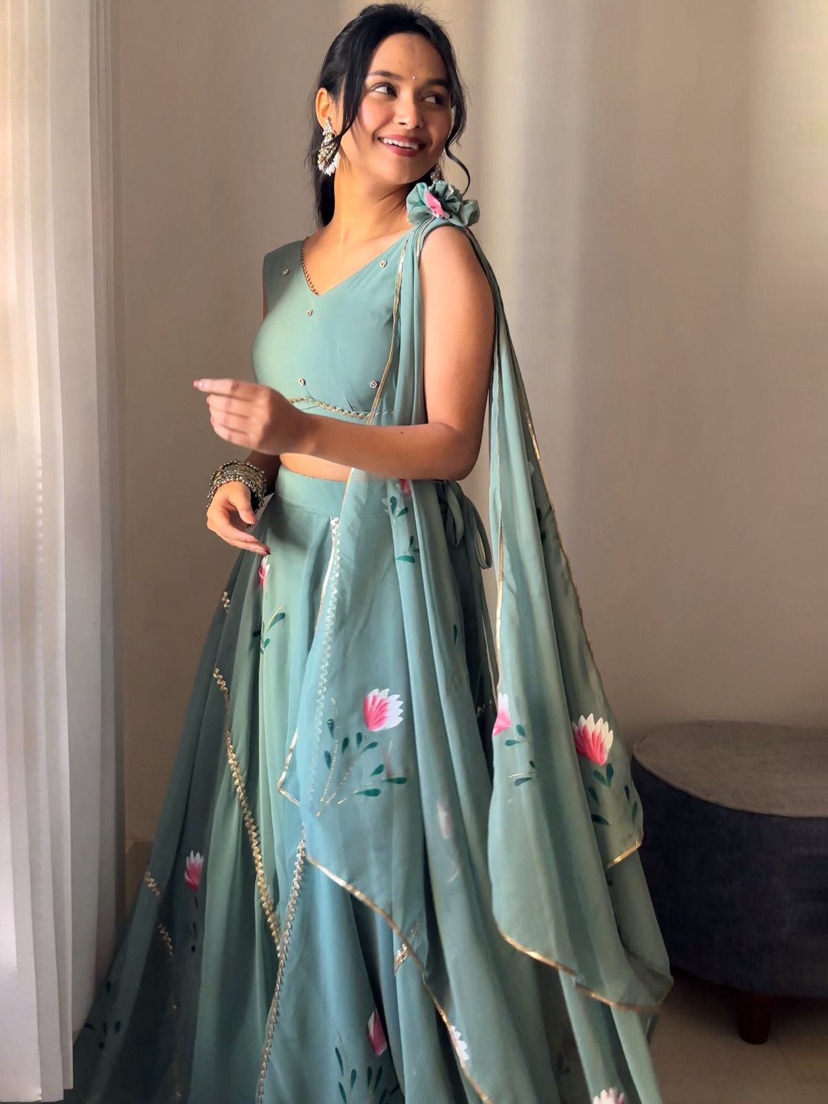 Handpainted Georgette Lehenga Set with Draped Dupatta Blouse — Elegant & Modern
