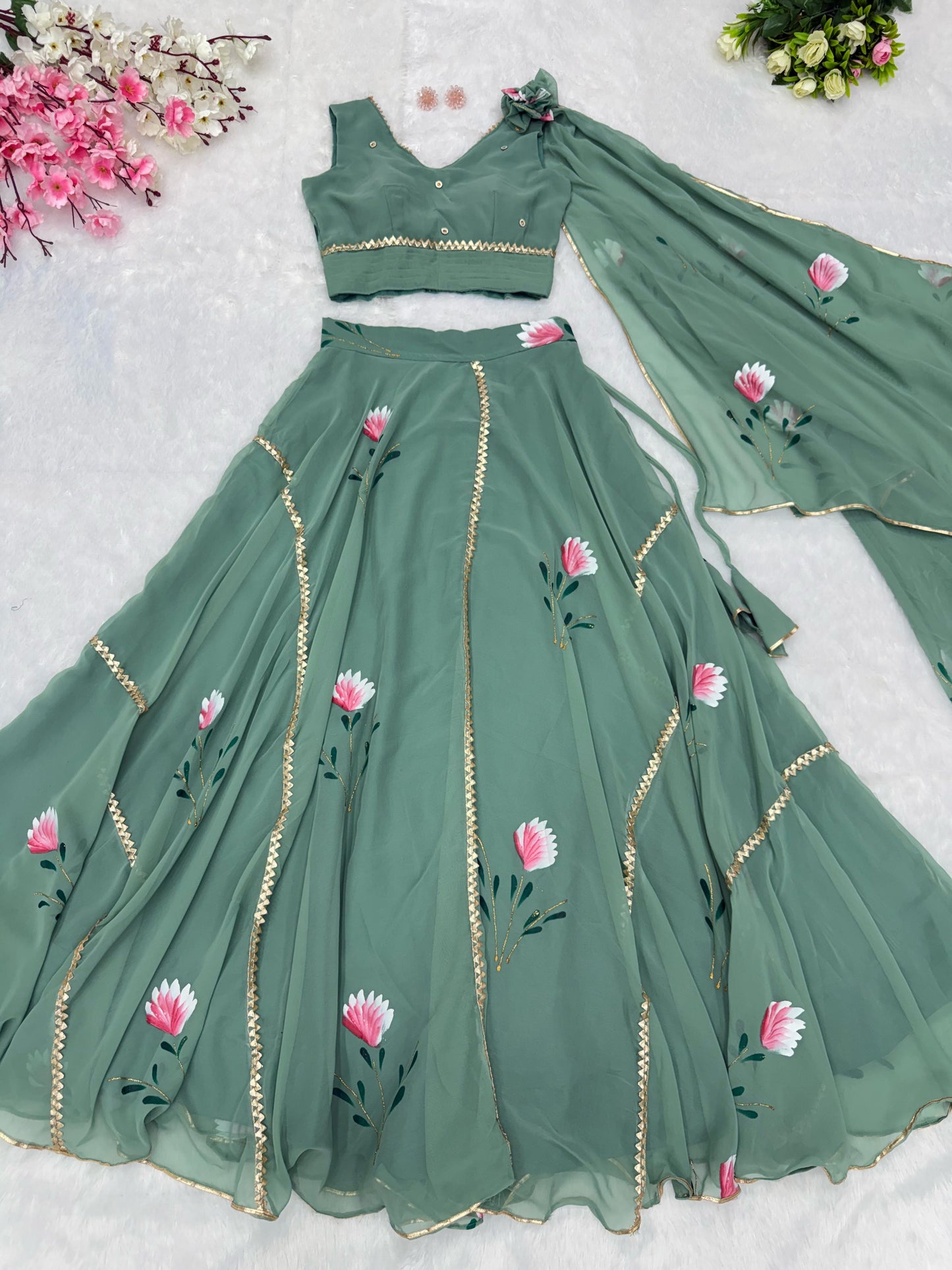 Handpainted Georgette Lehenga Set with Draped Dupatta Blouse — Elegant & Modern