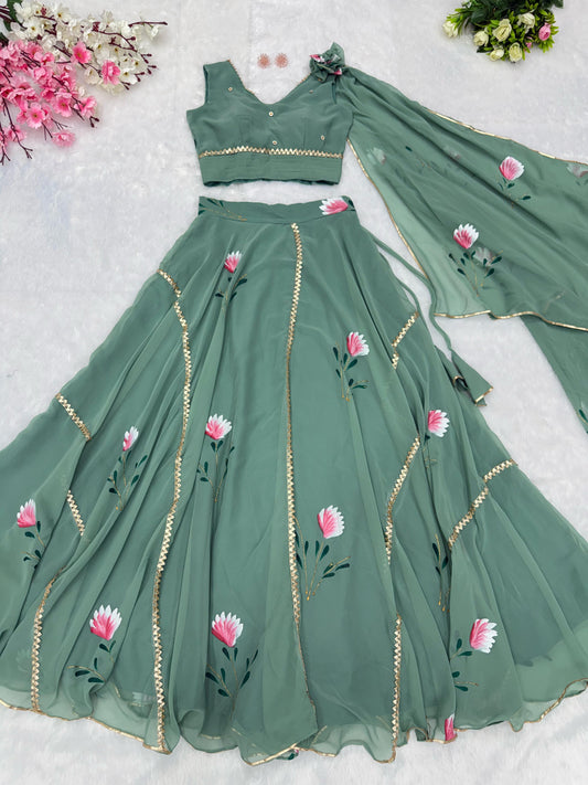Handpainted Georgette Lehenga Set with Draped Dupatta Blouse — Elegant & Modern